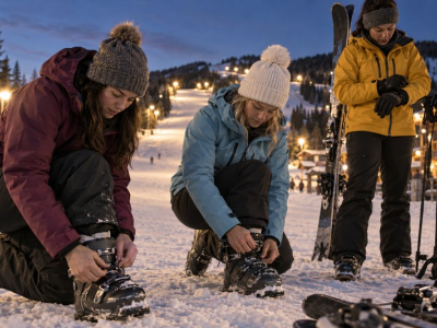 雪のコースを滑る前に、それぞれ違う女性用スキージャケットを着た3人のスキーヤーがブーツと手袋を調整している